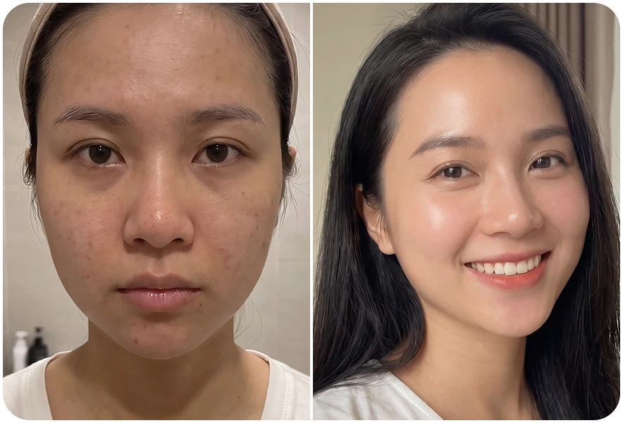 Kết quả trước và sau chăm sóc da của khách hàng Yến Trinh