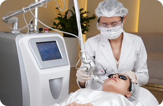 Bác sĩ thực hiện chăm sóc da bằng thiết bị công nghệ chuẩn y khoa