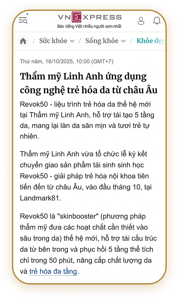 VNExpress nói về công nghệ trẻ hóa da tại Linh Anh